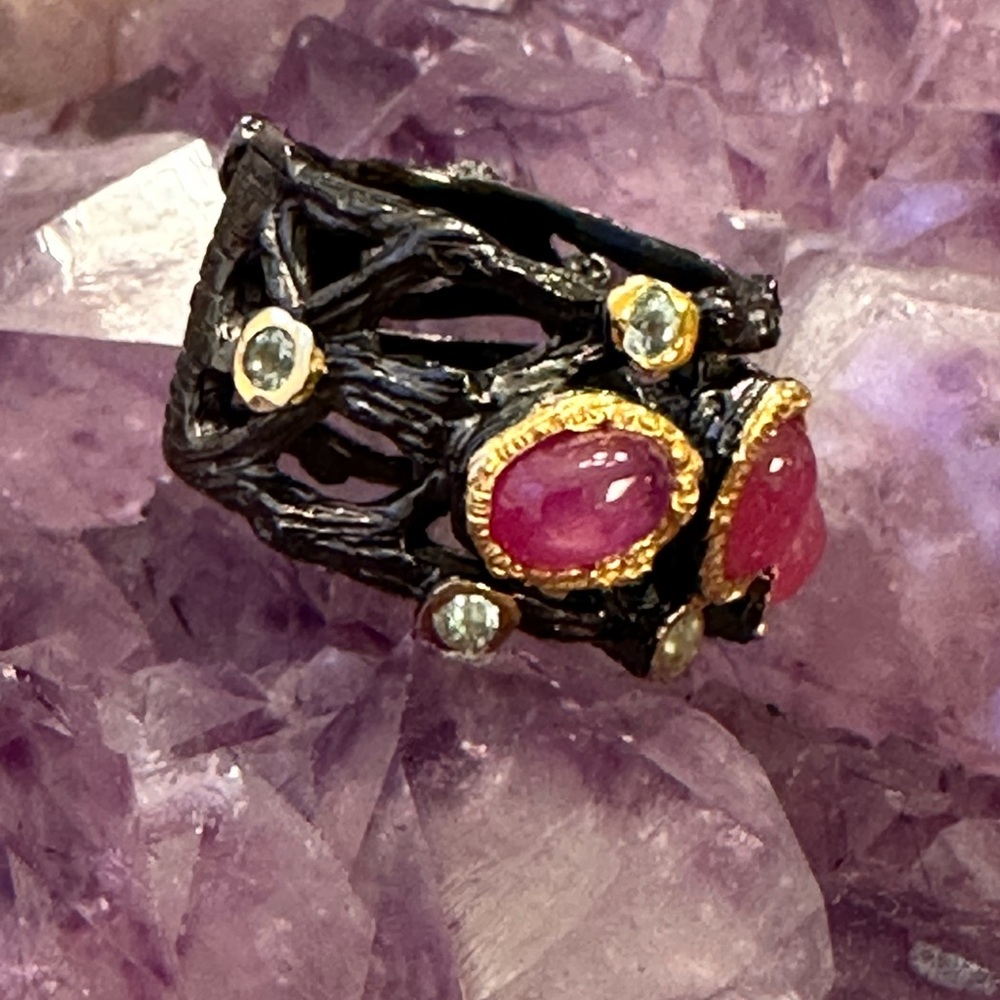 Star Ruby Blackened 925 Sterling Silver Band Ring - image 5
